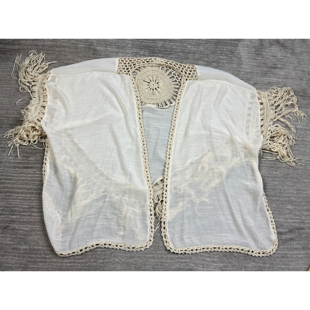 Forgotten Grace Kimono Womens L Cream Crochet Medallion Back Fringe ST7419 Boho
